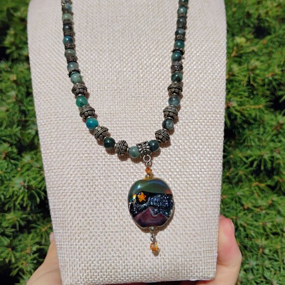 OOAK Dichroic Glass Pendant on Chain w/Sterling Silver Jade & Gemstone Beads 18" - Picture 4 of 7